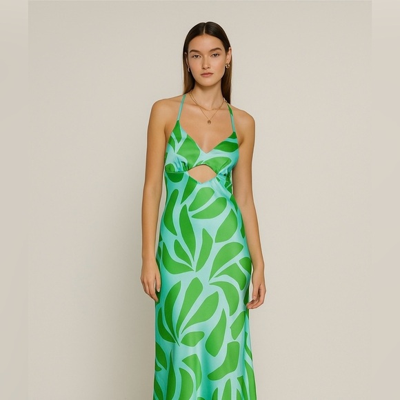 House Of Harlow 1960 Boho 70s Midi Dress Satin Green Blue Size XS New Chic Beach - Picture 1 of 10